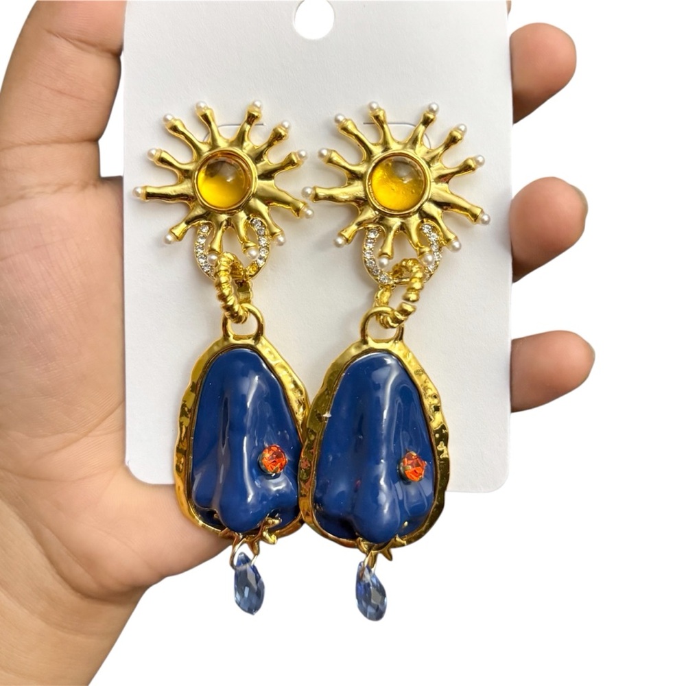 Schiaparelli Inspired Gold and Blue Sunburst Earrings